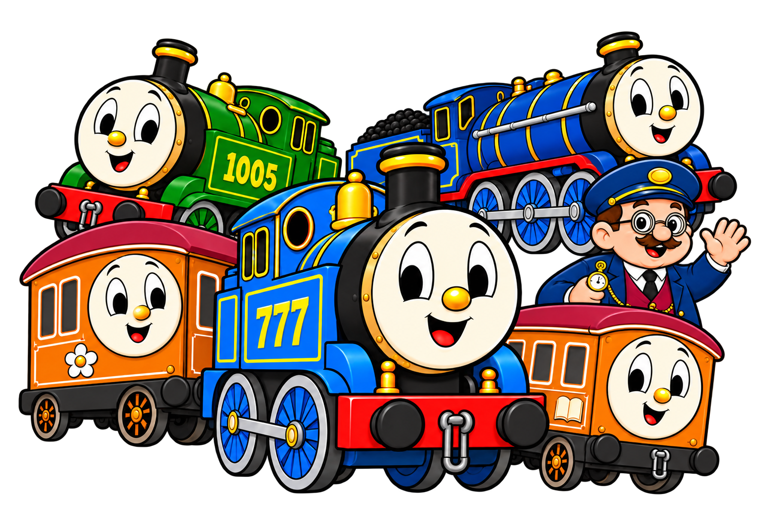 Tommy, Penn, Georgy, Annie, Britney and the Station Master smiling together